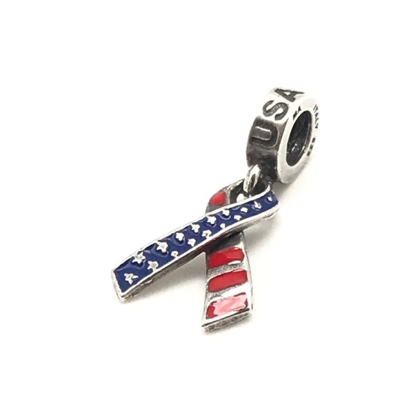 Italy MA 925 Sterling Silver Red White Blue American Flag Ribbon Dangle Charm - Picture 1 of 4